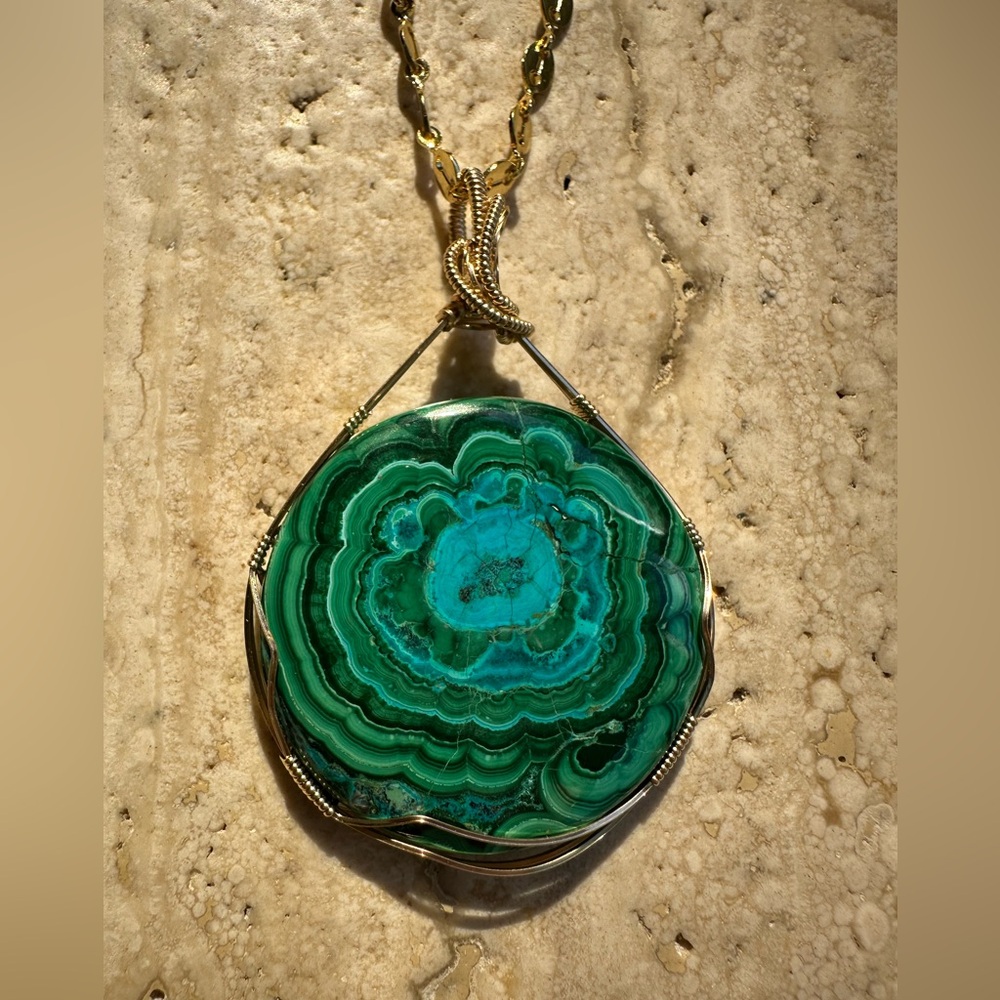 14k Gold filled Malachite Azurite Medallion Necklace Pendant Old stock stone!